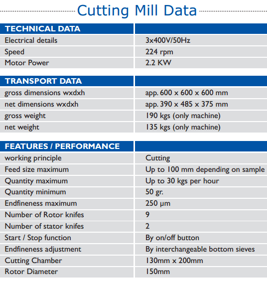 small cutting mill specifications