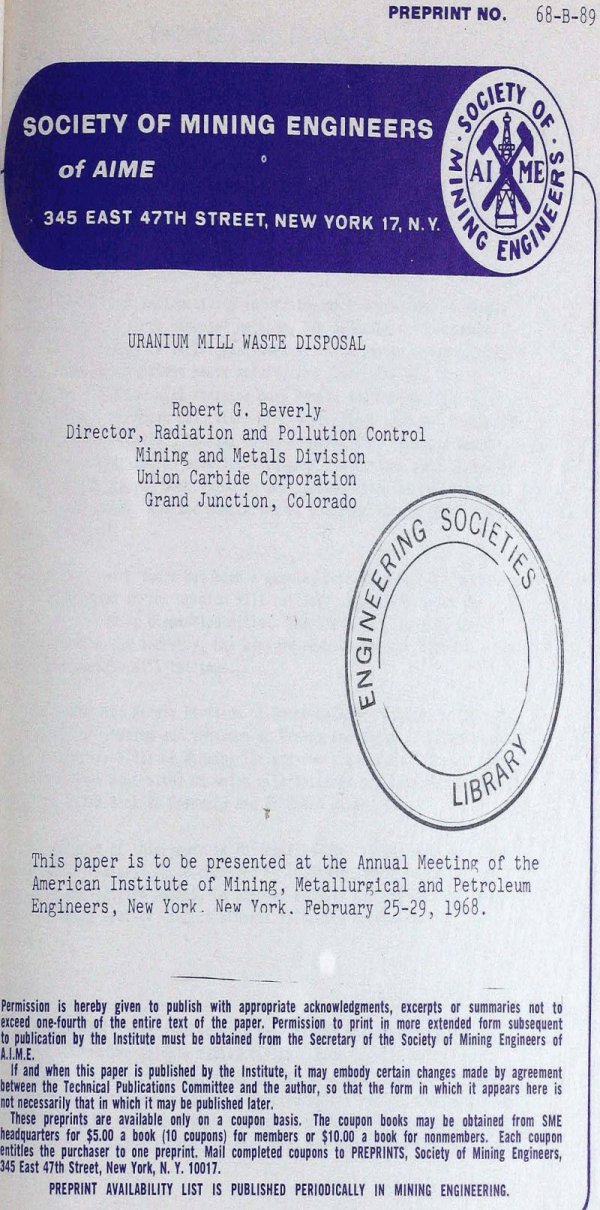 Uranium Mill Waste Disposal Metallurgist & Mineral Processing Engineer