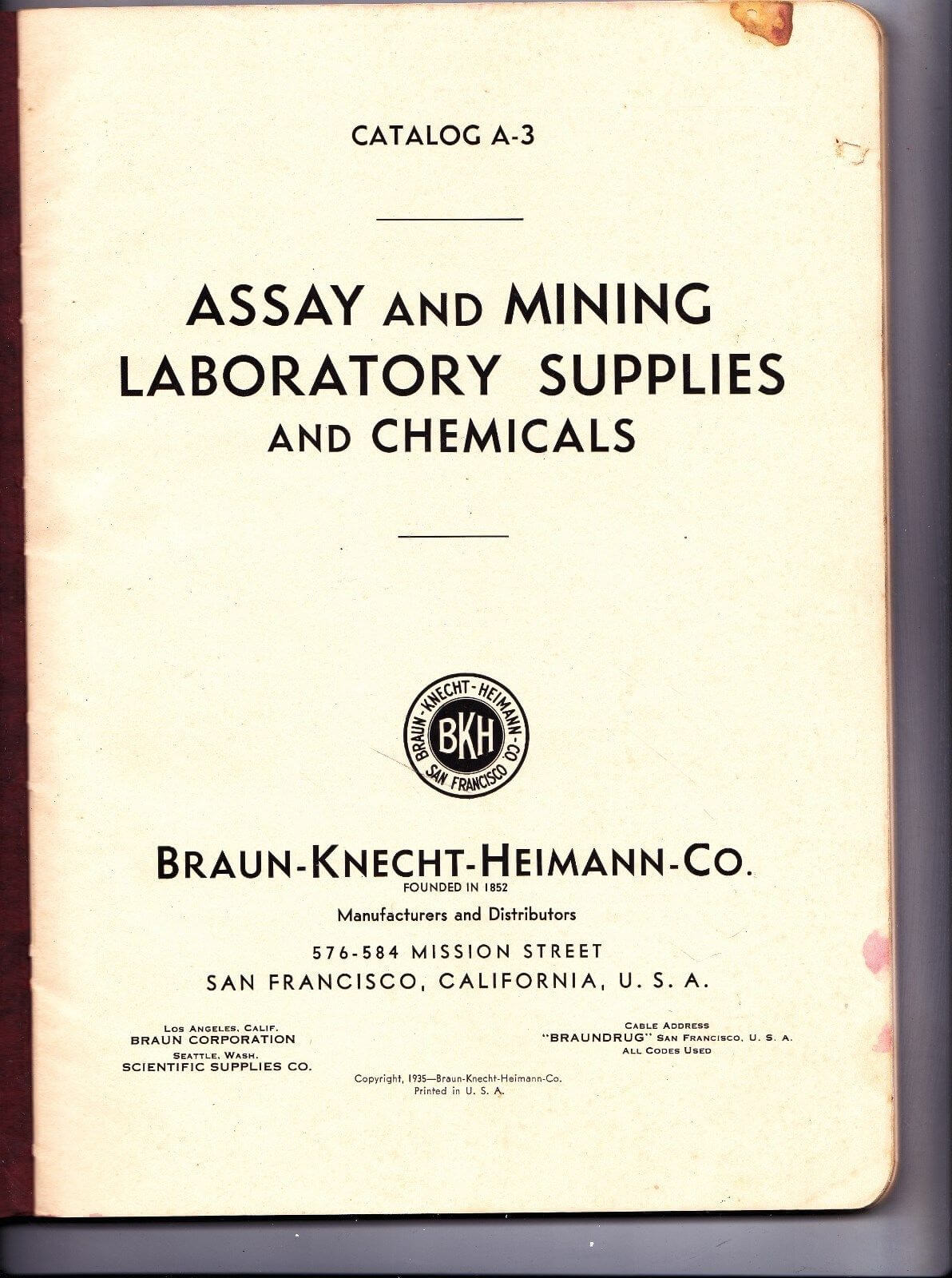 1935 Braun Knecht Heimann Co Assay Mining Laboratory Supplies Chemicals